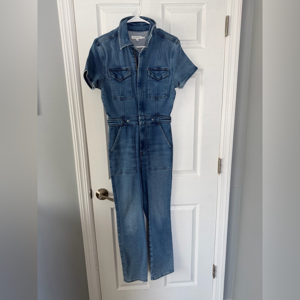 Good American Light Blue Denim Short Sleeve Jumpsuit